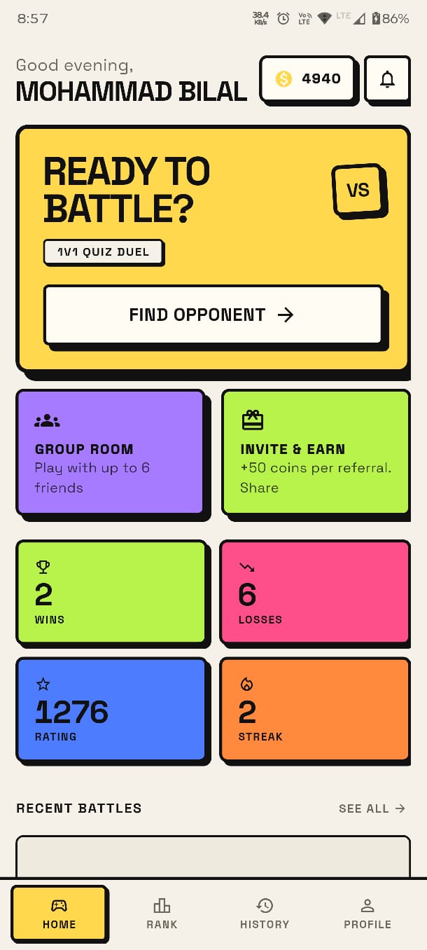 Quiz Battle Home Screen App Interface